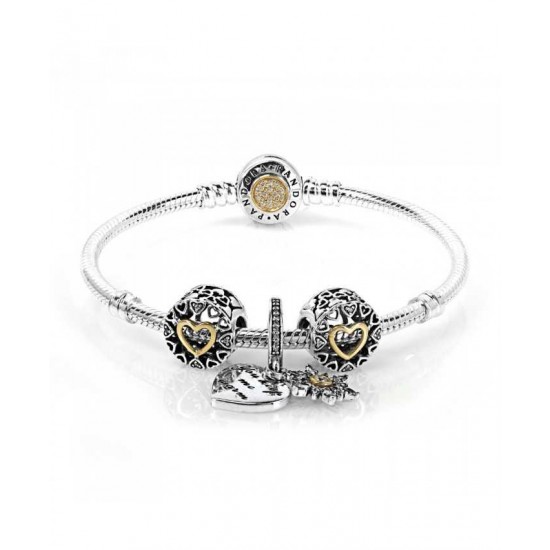 Pandora Bracelet Snowflake Heart Two Tone Complete PN 11737 Jewelry