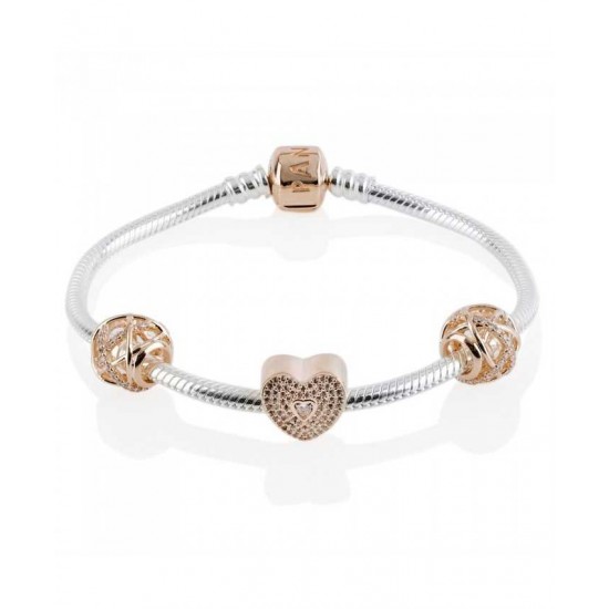 Pandora Bracelet Rose Sparkling Sweetheart Complete PN 10266 Jewelry