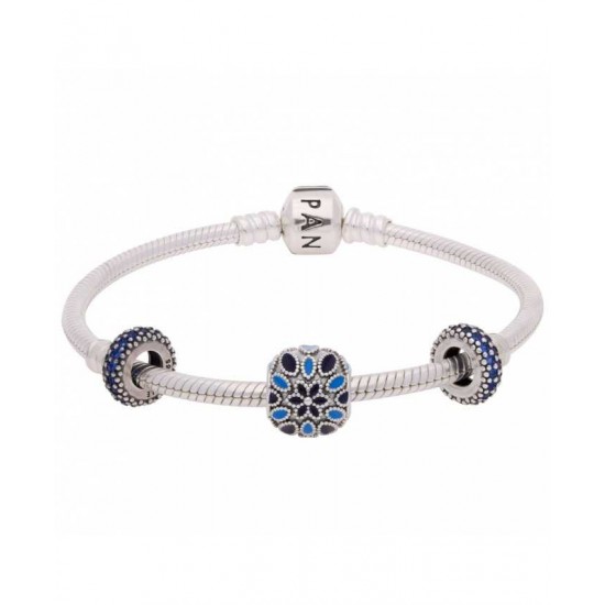 Pandora Bracelet Sparkling Blue Rose Complete PN 10311 Jewelry