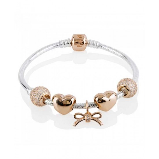 Pandora Bracelet Rose Sparkling Bow Complete PN 10170 Jewelry