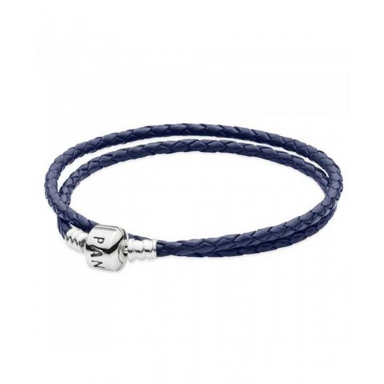 Pandora Bracelet Silver And Dark Blue Double Leather PN 10360 Jewelry