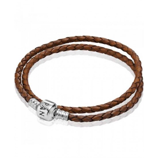 Pandora Bracelet Silver Brown Double Braided Leather PN 10363 Jewelry