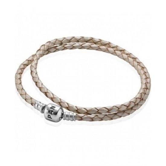 Pandora Bracelet Silver And Double White Braided Leather PN 10364 Jewelry