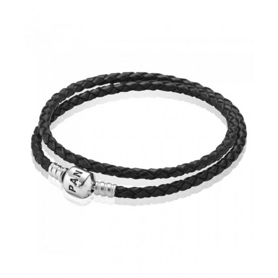 Pandora Bracelet Silver And Black Double Braided Leather PN 10365 Jewelry