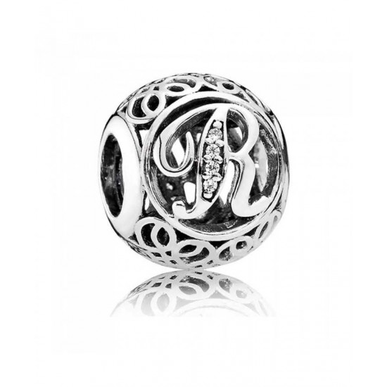 Pandora Charm Silver Cubic Zirconia Vintage R Swirl PN 10446 Jewelry