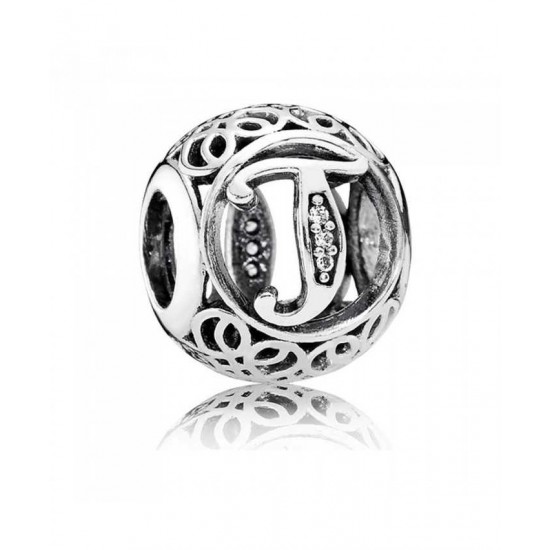 Pandora Charm Silver Cubic Zirconia Vintage T Swirl PN 10476 Jewelry