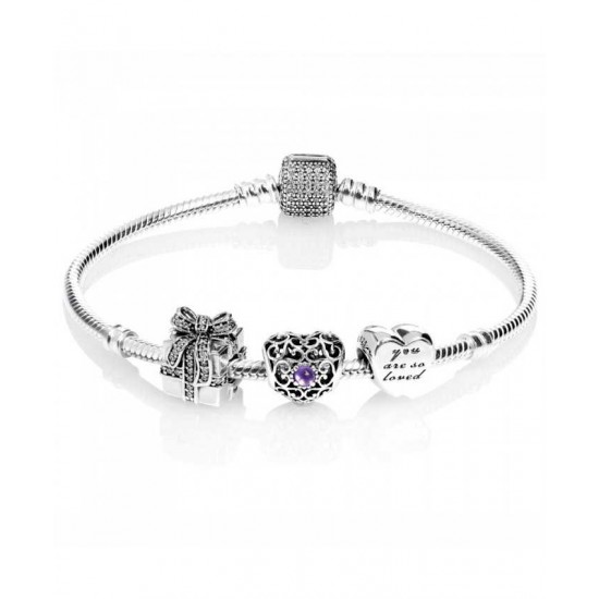 Pandora Bracelet Sparkling February Birthstone Complete PN 10420 Jewelry