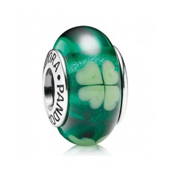 Pandora Charm Silver And Green Clover Murano Glass PN 11038 Jewelry