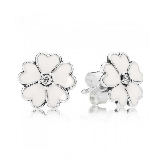 Pandora Earring Silver White Enamel Cubic Zirconia Primrose Stud PN 11175 Jewelry