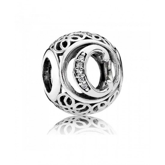 Pandora Charm Silver Cubic Zirconia Vintage C Swirl PN 10459 Jewelry