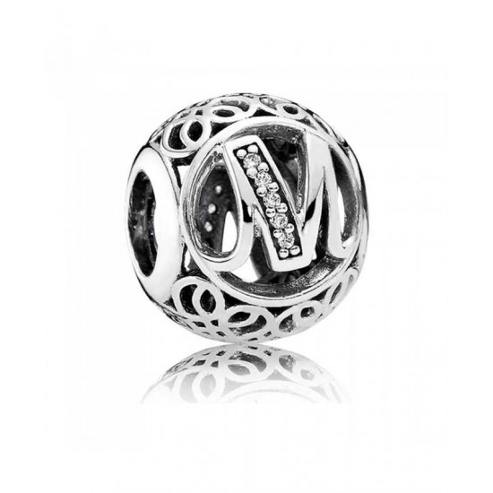 Pandora Charm Silver Cubic Zirconia Vintage M Swirl PN 10461 Jewelry