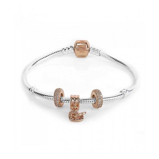 Pandora Bracelet Rose Interlocked Hearts Complete PN 10191 Jewelry