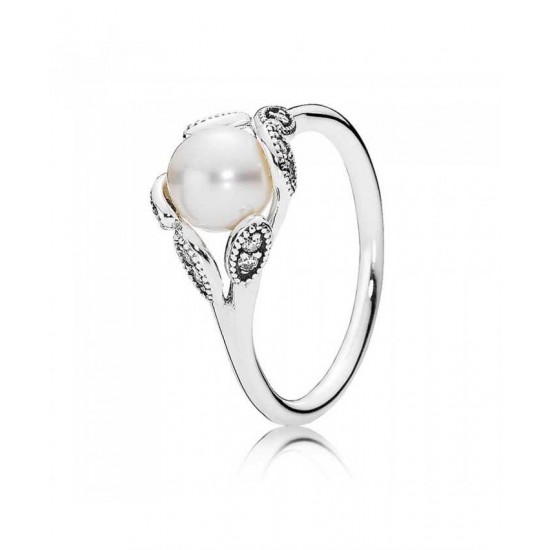 Pandora Ring Silver Cubic Zirconia Pearl Luminous Leaves PN 11609 Jewelry