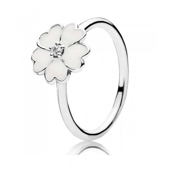 Pandora Ring Silver White Enamel Cubic Zirconia Primrose PN 11613 Jewelry