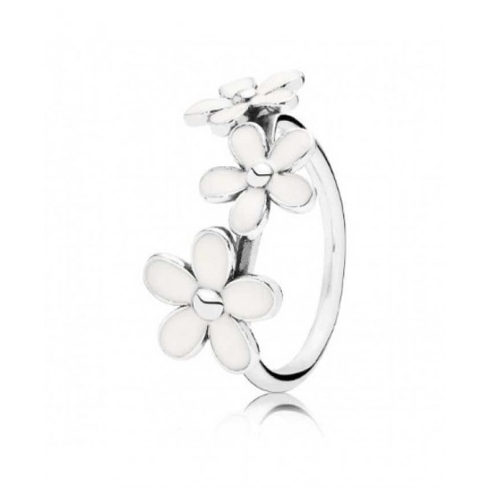 Pandora Ring Silver White Enamel Three Flower PN 11667 Jewelry
